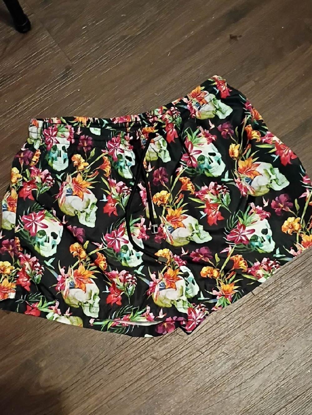 Zara Man (Unisex) Floral Skull Print Swim Trunks - Black Background